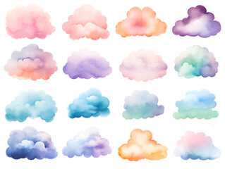 Colorful clouds isolated on white background watercolor  collection