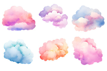 Colorful clouds isolated on white background watercolor  collection
