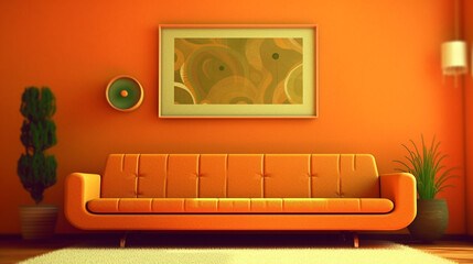 Orange couch in a 70s living room directly from the front , Generative AI - 703379721
