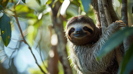 Fototapeta premium A gentle sloth peers out from a lush green canopy, its contented face basking in the dappled sunlight of the forest.