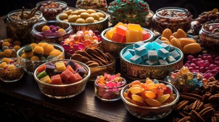 Fototapeta na wymiar a table topped with bowls filled with lots of different types of candies and candies on top of a wooden table.