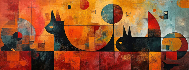  Abstract painting of cats in a warm, cubist style landscape, blending feline forms with geometric abstraction. - obrazy, fototapety, plakaty