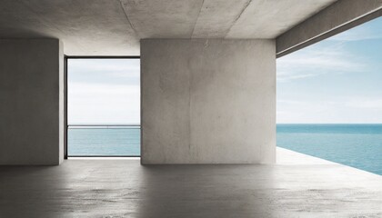 abstract empty modern concrete room with balcony opening on the left wall with ocean view opening on the right and rough floor industrial interior background template