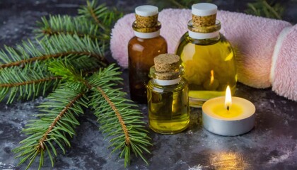 Obraz na płótnie Canvas christmas aromatherapy with fir and essential oils beautifying and soothing holiday treatments