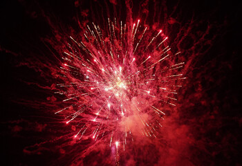 Fireworks in the sky. Colorful night sky during the new years eve. Fireworks display. Red peony effect.