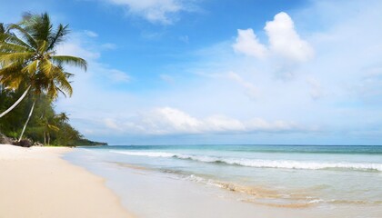 a nice beach with white sand cloud palm tree and wave