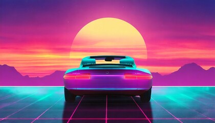 retro futuristic back side view 80s supercar on trendy synthwave vaporwave cyberpunk sunset background back to 80 s concept