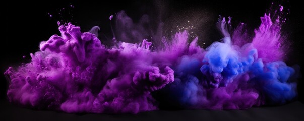 Fototapeta na wymiar Explosion of violet colored powder on black background