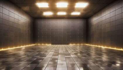 dark empty room with reflective tiles floor and lights 3d rendering