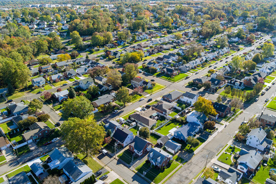 An aerial view of small American town in New Jersey taken from height