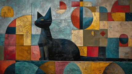  Modern cubist artwork of a black cat against a collage of abstract shapes and vibrant colors.
