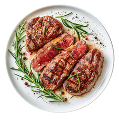 grilled meat with rosemary on white plate. transparent background