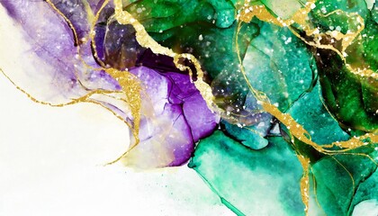 alcohol ink background with gold texture green and purple watercolour painting white bottom for copy space hand drawn art fluid illustration design wallpaper for print