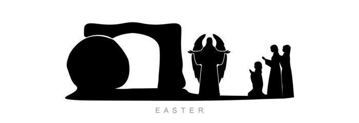 Easter, set of icons on a white background. The cave where Jesus Christ was resurrected and God's Angel announcing the resurrection to women. - obrazy, fototapety, plakaty