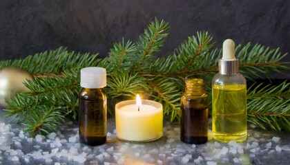 Fototapeta na wymiar christmas aromatherapy with fir and essential oils beautifying and soothing holiday treatments