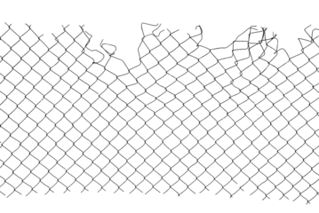 The texture of the metal mesh. Torn, destroyed, broken metal mesh on a white background