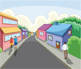 Obraz na płótnie Canvas Vector illustration showing houses in a locality and people roaming around