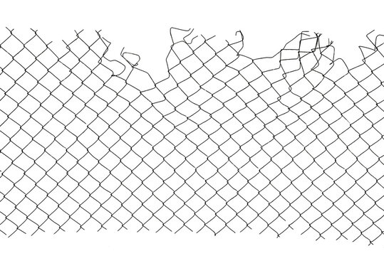 The texture of the metal mesh. Torn, destroyed, broken metal mesh on a white background