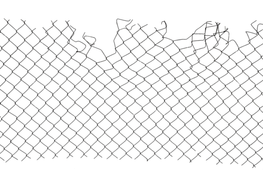 The texture of the metal mesh. Torn, destroyed, broken metal mesh on a white background