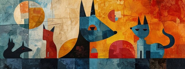 Abstract artwork featuring stylized cats in a colorful geometric composition, blending modern art with feline forms.