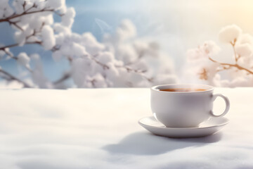 white mug with hot drink standing in the snow on a freezing winter's day