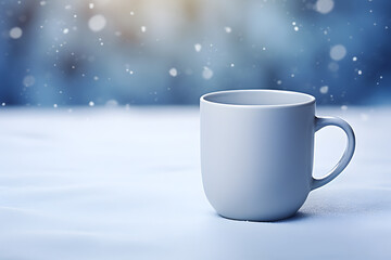 white mug with hot drink standing in the snow on a freezing winter's day