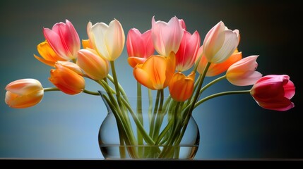  a vase filled with lots of pink and yellow tulips on top of a wooden table next to a blue wall.