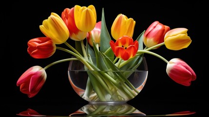  a vase filled with lots of colorful tulips sitting on top of a table next to a black background.