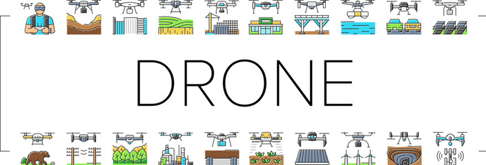 drone commercial use icons set vector. industry survey, operator weather safety, surveyor land, city agriculture, digital drone commercial use color line illustrations