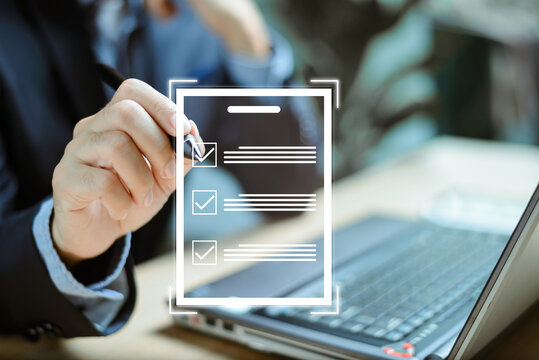 Business performance internet checklist. Businessman use computer laptop test online checklist survey, fill digital form poll quiz assessment, education questionnaire evaluation, competition consumer.