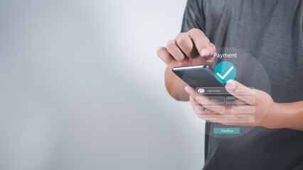 Human using mobile smart phone, Digital online payment concept, online payment, banking, online shopping. Technology online banking applications via internet network. financial transaction.