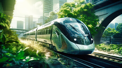 A high-speed train enters a futuristic train station, symbolizing the concept of rail transport infrastructure. City train of the future - obrazy, fototapety, plakaty