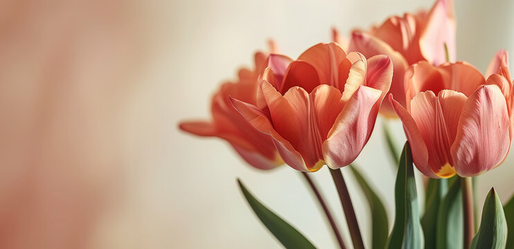Pink tulip flowers on pastel bokeh background. Image for a wedding, women's day or mother's day themed greeting card or invitation. Banner with space for text
