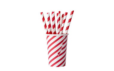 A Genuine Image of a Red Striped Paper Straw on a Clean White Surface Isolated on Transparent Background.