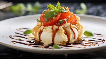  a white plate topped with a dessert covered in chocolate sauce and topped with a strawberry and mint garnish.