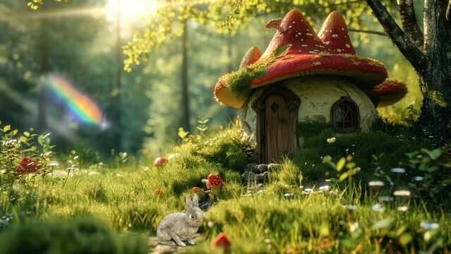 Mushroom house in forest as fairy house video animation looping  stock background 