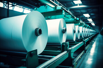 Huge rolls of paper are stored in the factory warehouse. Industrial paper production. Finished products of a paper processing plant. - obrazy, fototapety, plakaty