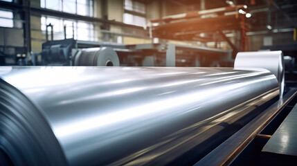 Fototapeta premium A rolling mill press machine produces a sheet of metal from a block of aluminum. Heavy metal rolling equipment. Selective focus