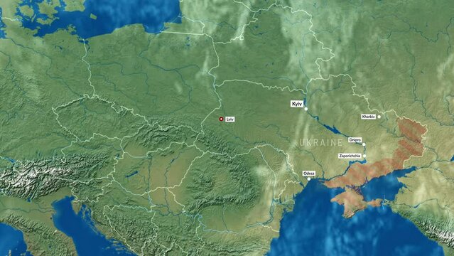 City of Lviv in Ukraine, on the map as a point of interest. The occupied territories of Crimea and Donbas in the south and east of Ukraine, indicating the ongoing conflict and tension in the region.