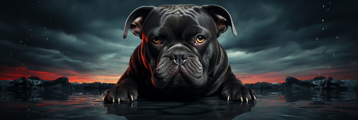 Closeup of black english bulldog on a dark cloudy background.Animal wide web banner
