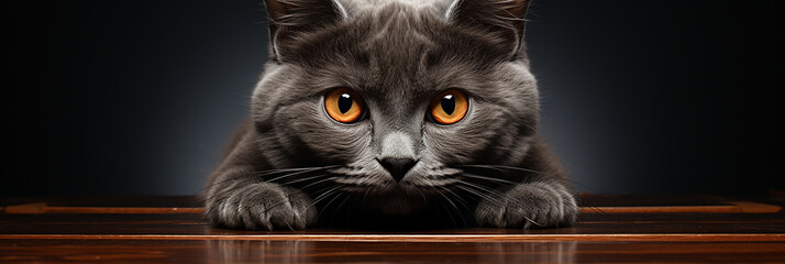 Closeup of black british shorthair cat on a dark grey background.Animal wide web banner - obrazy, fototapety, plakaty