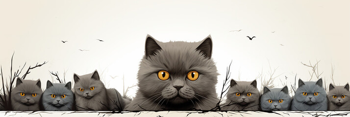 Closeup of grey british shorthair cat and kittens on a white isolated background.Animal wide web banner