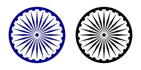 Fotobehang Ashoka chakra in blue and black color with shadows and accurate lines. Indian flag Ashoka chakra wheel in flat style. Vector illustration © Kingwardobe