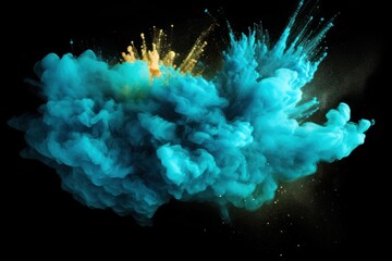 Explosion of cyan colored powder on black background