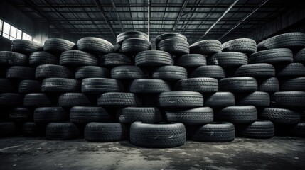 Pile of used car tires  in warehouse. Landfill with old tires and tyres for recycling, - obrazy, fototapety, plakaty