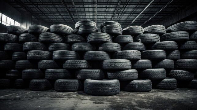 Pile of used car tires  in warehouse. Landfill with old tires and tyres for recycling,