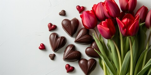 Top view of red tulips and chocolate heart shaped candies lying on light background