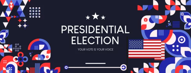 Deurstickers United States 2024 Presidential election day banner in modern geometric style. American election vote campaign cover. Background vector illustration © StockByHelowpal