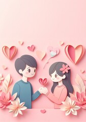 Cute couple, Valentine's Day and wedding, paper art, paper cut generative ai illustration art