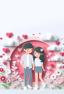 Cute couple, Valentine's Day and wedding, paper art, paper cut generative ai illustration art
